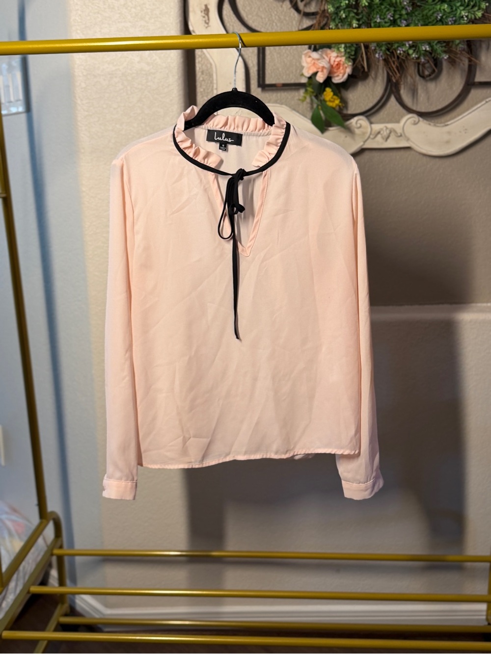 Lulu's Blush Pink Ruffle-Neck Tie Blouse with Black Trim